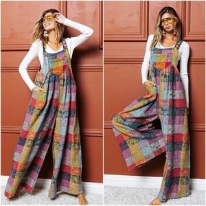 Multicolor Brushed Fabric Checkered Plaid Wide leg Jumpsuit